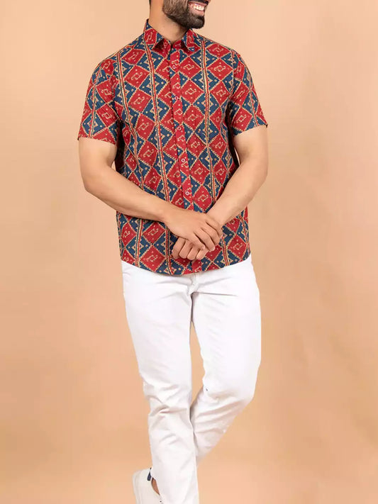 Jaipuri Style MultiColor Men's printed Cotton Casual Shirt Half Sleeve available on RoscoeShirts