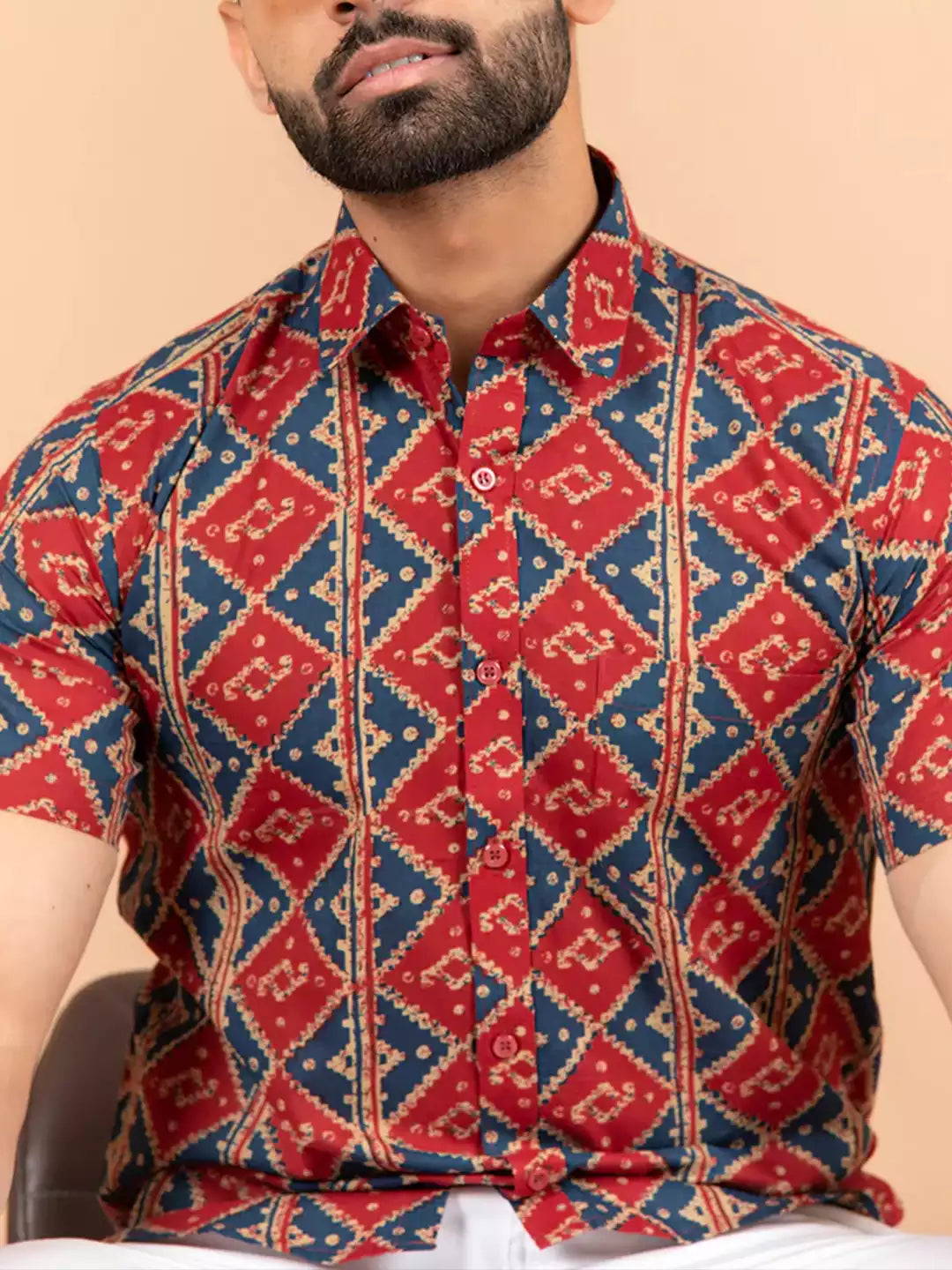 Jaipuri Style MultiColor Men's printed Cotton Casual Shirt Half Sleeve available on RoscoeShirts