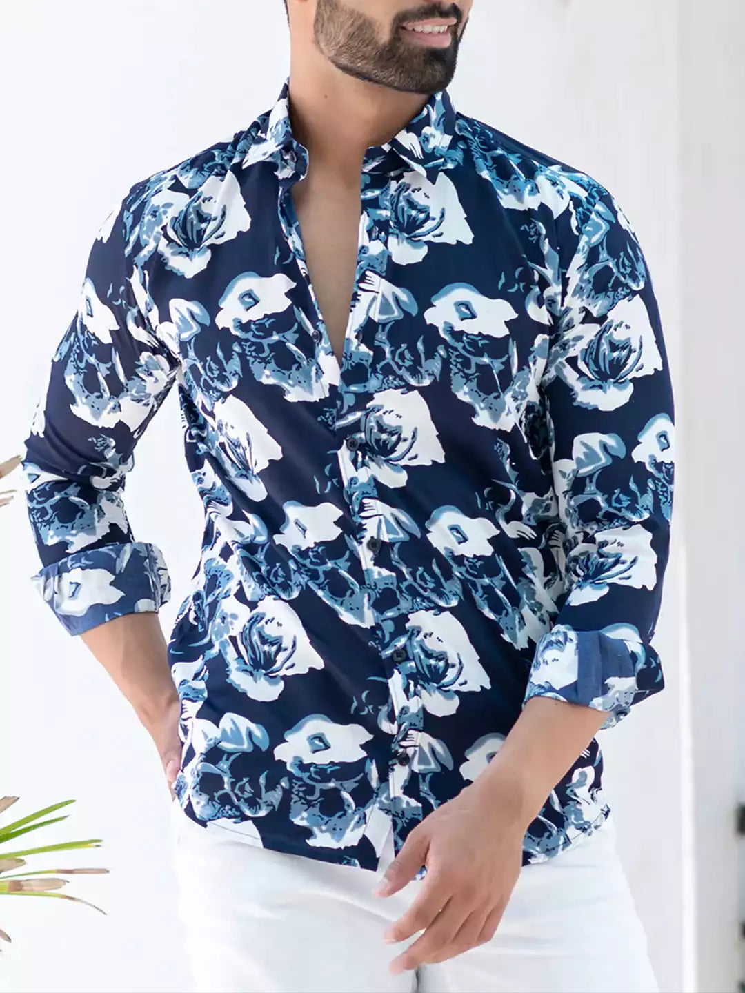 Rose Printed Blue Color Men's Cotton printed Casual Shirt Half Sleeve available on RoscoeShirts