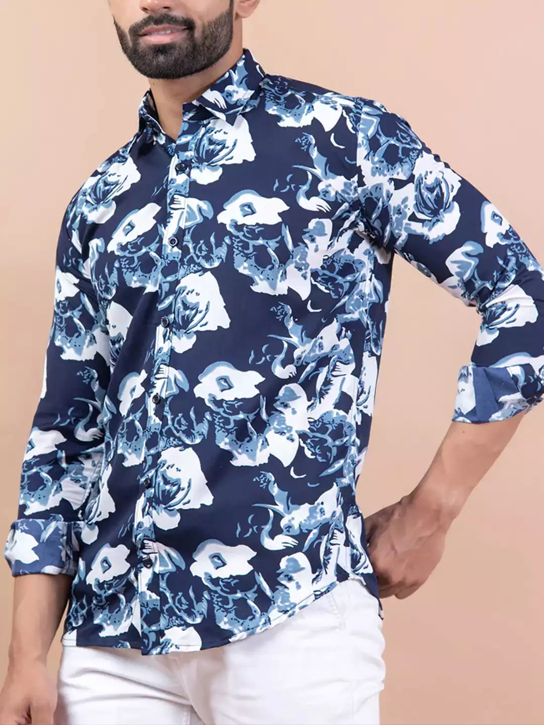 Rose Printed Blue Color Men's Cotton printed Casual Shirt Half Sleeve available on RoscoeShirts