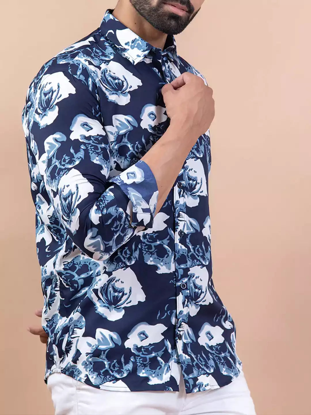 Rose Printed Blue Color Men's Cotton printed Casual Shirt Half Sleeve available on RoscoeShirts