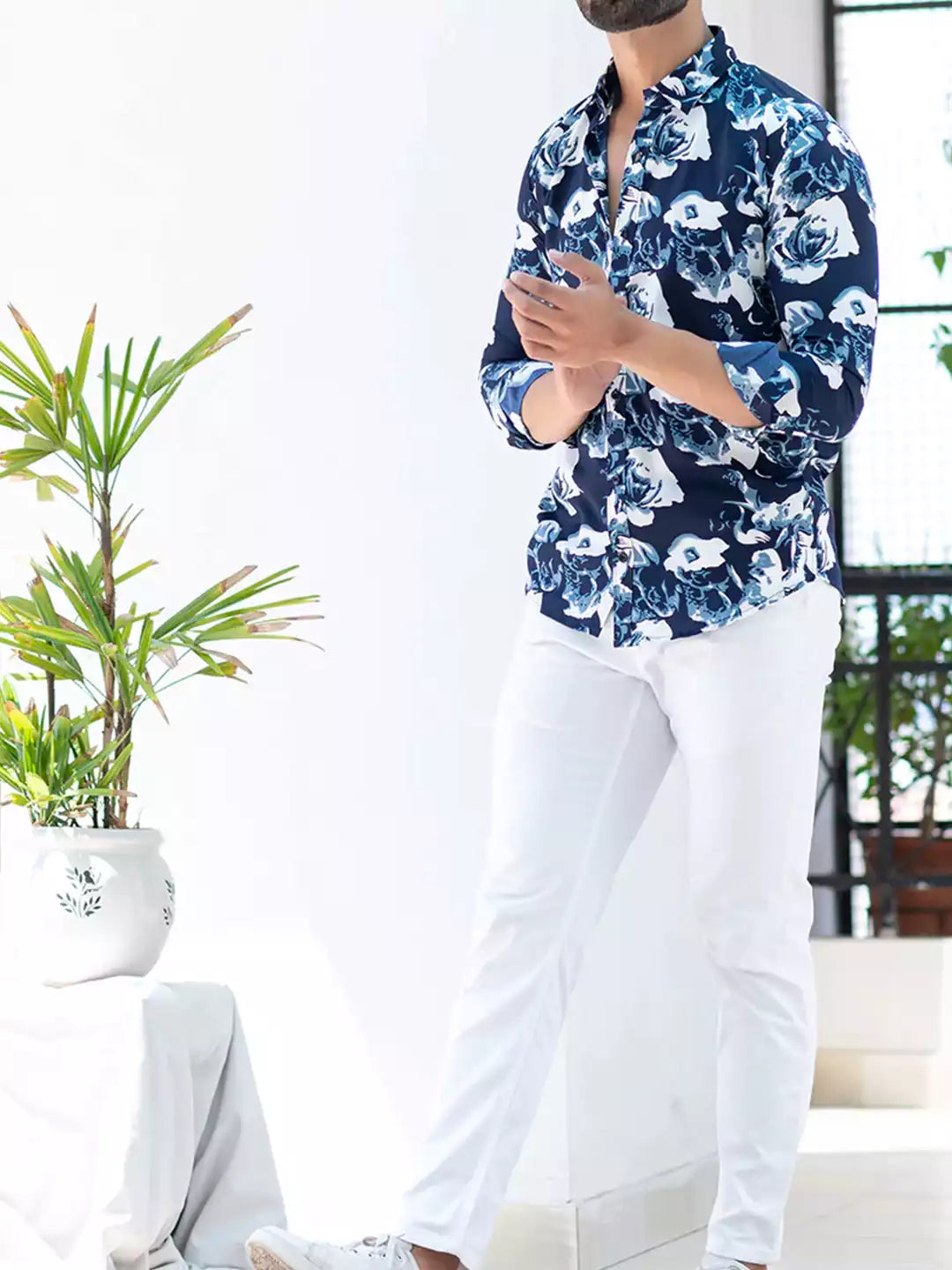 Rose Printed Blue Color Men's Cotton printed Casual Shirt Half Sleeve available on RoscoeShirts