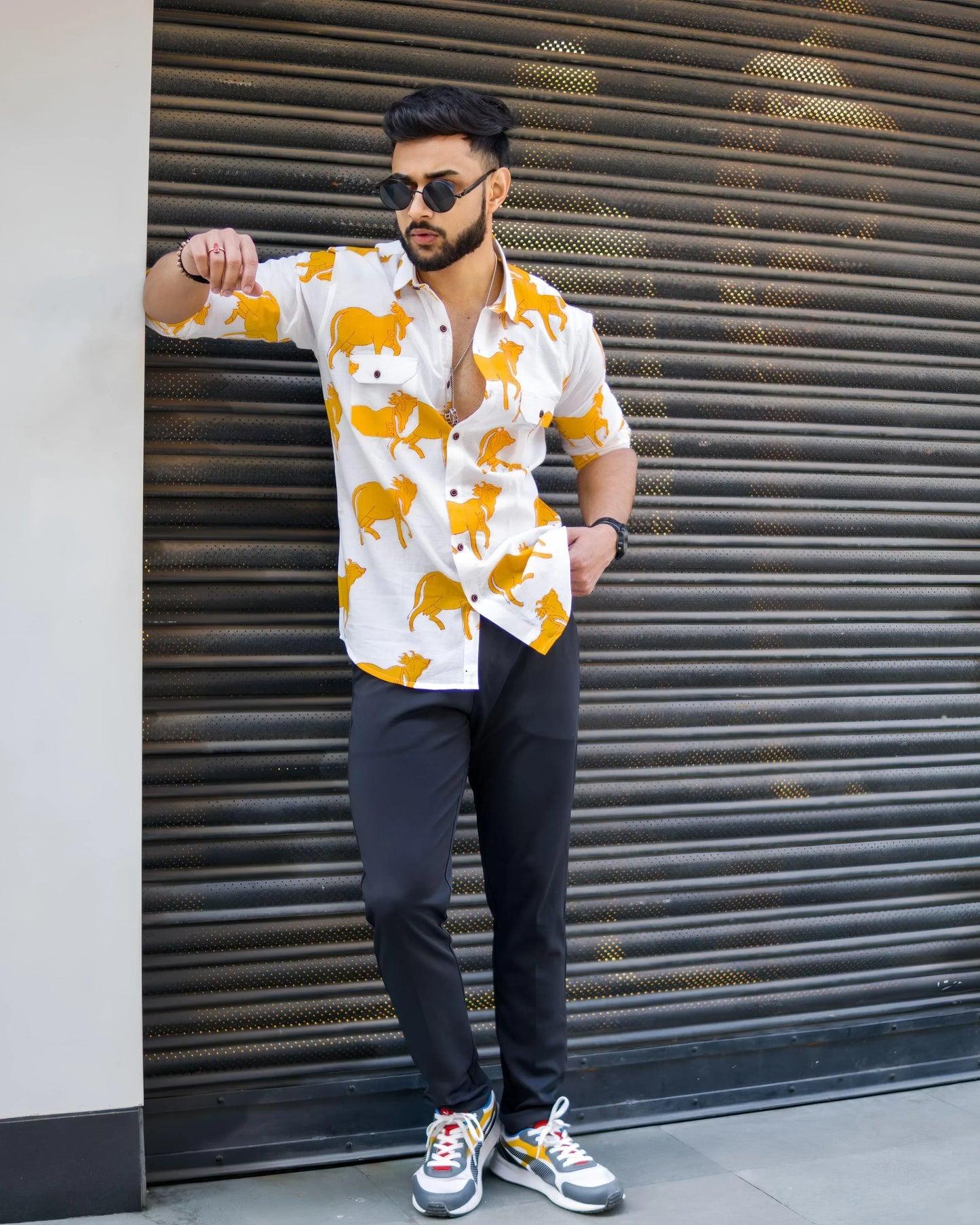 Goat Printed White and Yellow Cotton Shirt Half Sleeves for Men