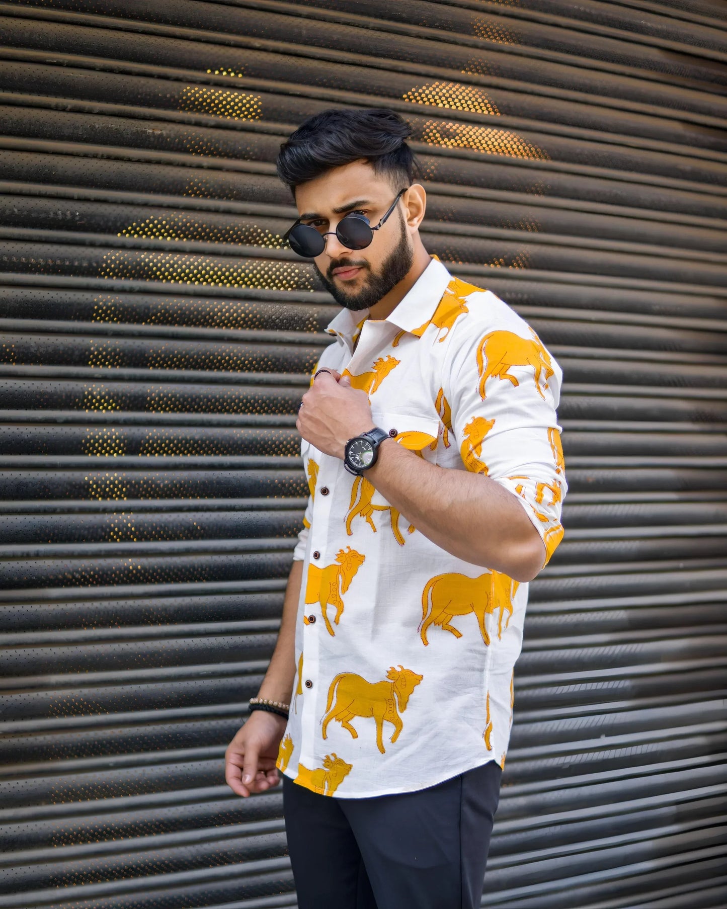 Goat Printed White and Yellow Cotton Shirt Half Sleeves for Men