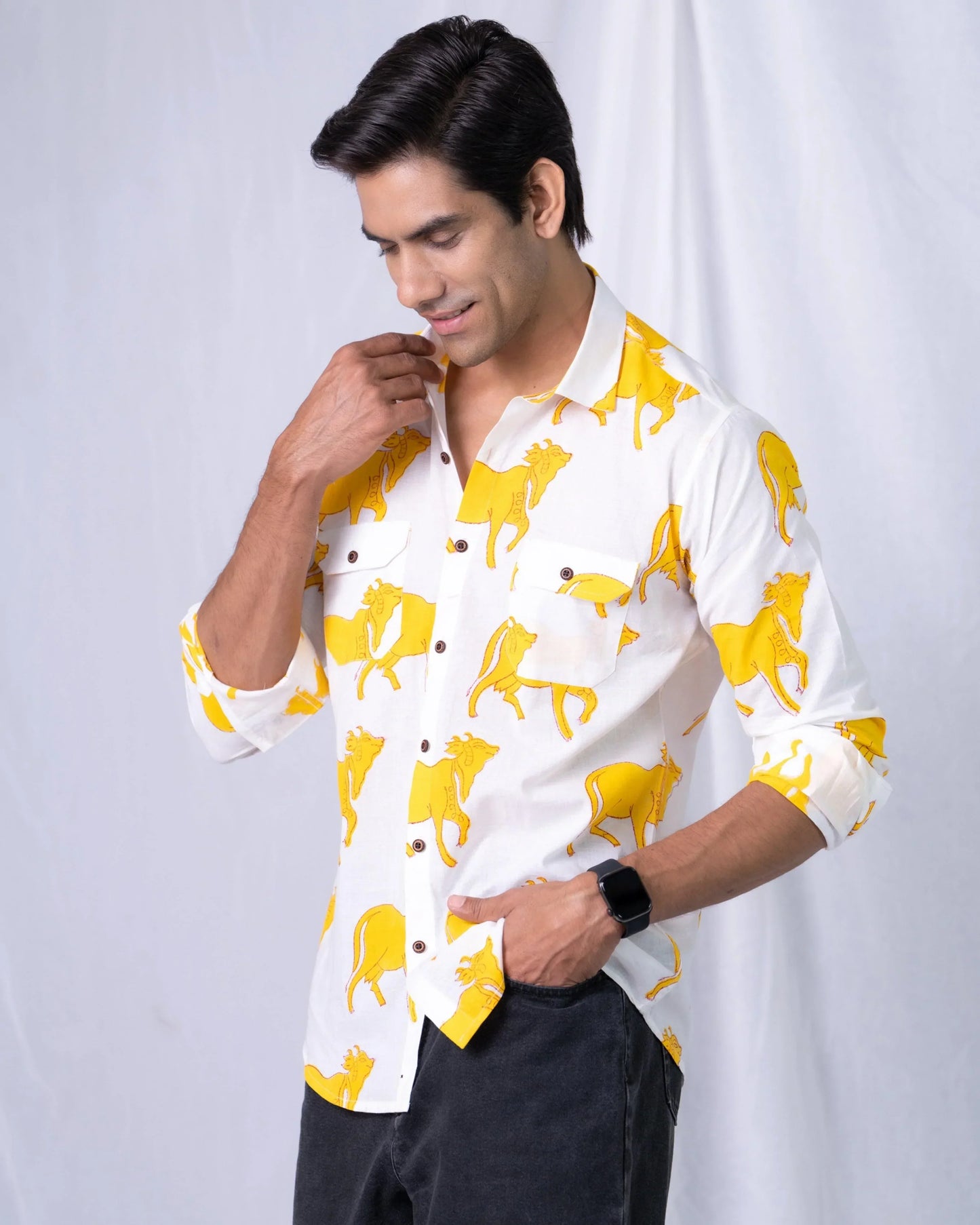 Goat Printed White and Yellow Cotton Shirt Half Sleeves for Men