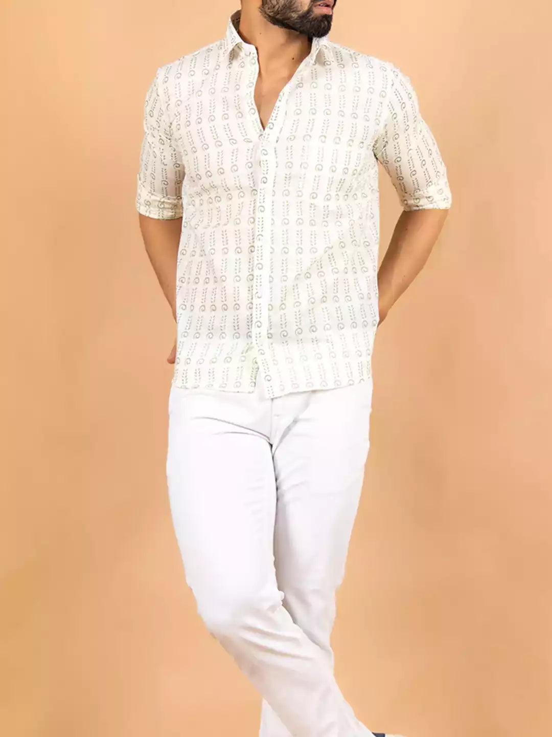 White Jaipuri Style printed Men's Cotton Casual Shirt Half Sleeve available on RoscoeShirts