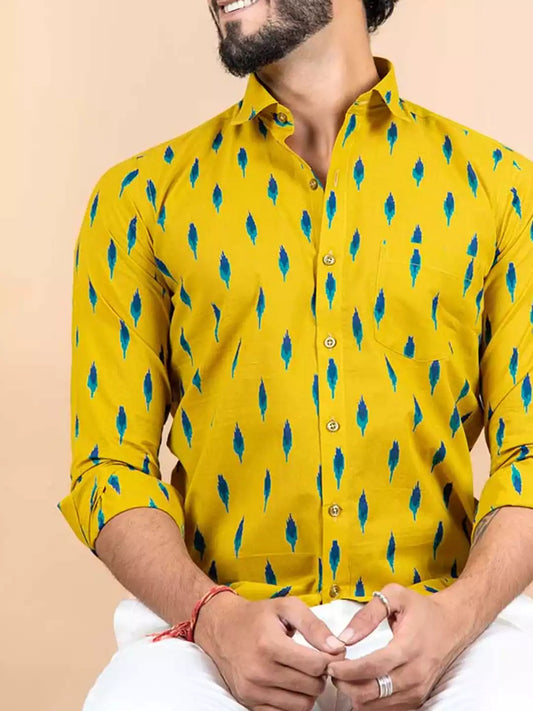 Yellow Jaipuri Style Men's printed Cotton Casual Shirt Half Sleeve available on RoscoeShirts