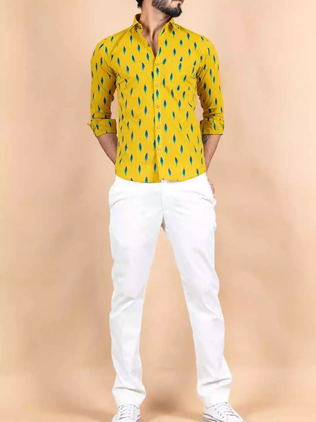 Yellow Jaipuri Style Men's printed Cotton Casual Shirt Half Sleeve available on RoscoeShirts