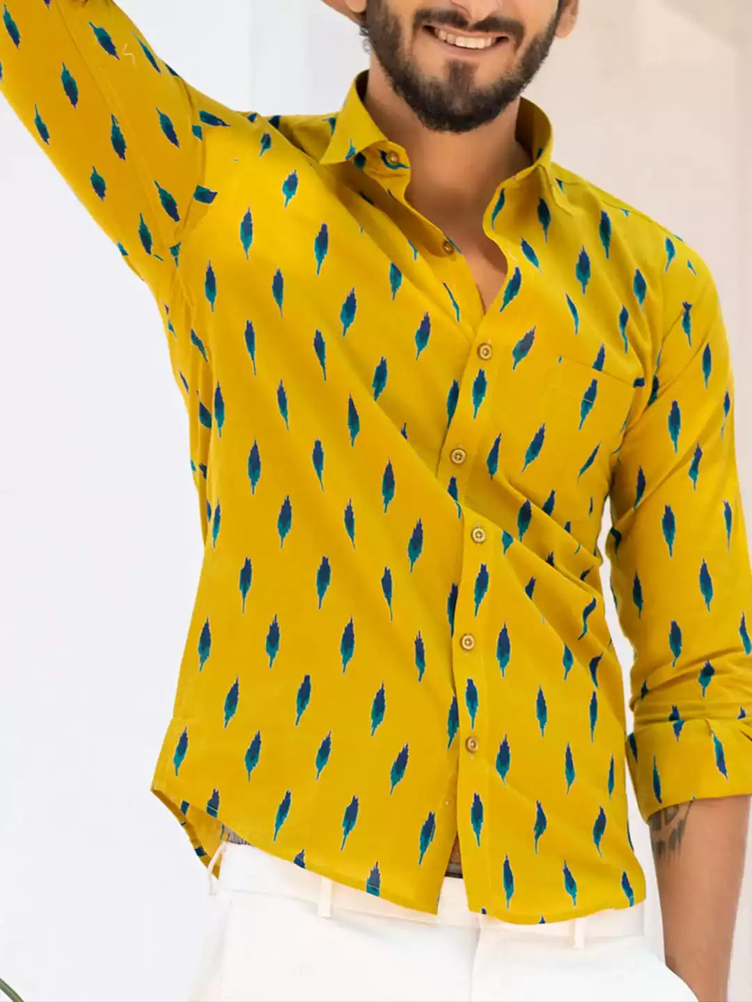 Yellow Jaipuri Style Men's printed Cotton Casual Shirt Half Sleeve available on RoscoeShirts