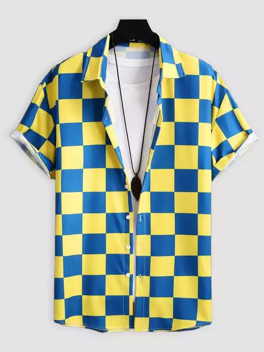 Blue and Yellow Block Design Beach and casual Multicolor Printed Shirt Cotton Material Half Sleeves Mens blackdock
