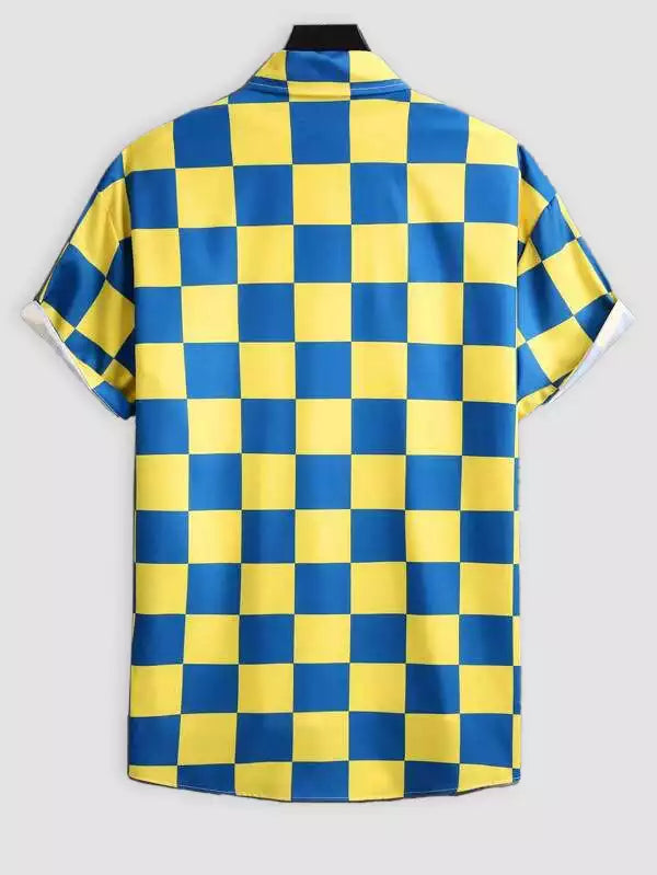 Blue and Yellow Block Design Beach and casual Multicolor Printed Shirt Cotton Material Half Sleeves Mens blackdock