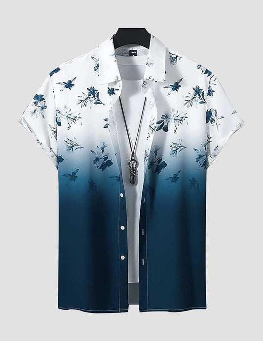 Blue and White Flower Design printed Cotton Material Beach Wear Half Sleeves Shirt for Men