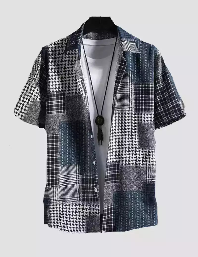 Men Houndstooth Patchwork Printed Beach Shirt With Half Sleeve RoscoeShirts