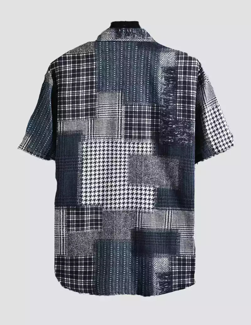 Men Houndstooth Patchwork Printed Beach Shirt With Half Sleeve RoscoeShirts